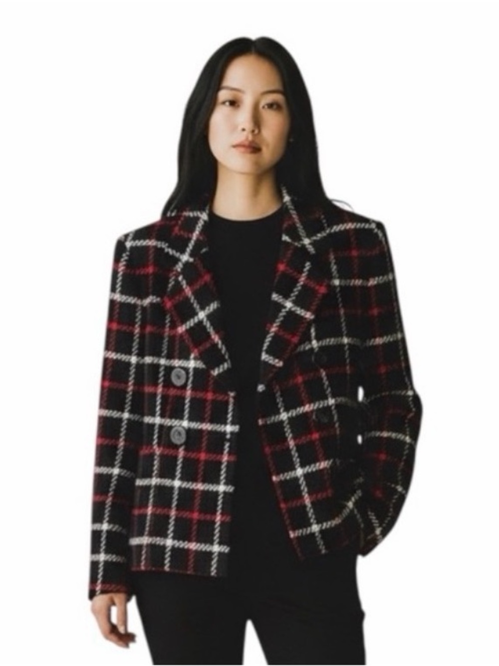 Casual Corner Vintage Women Black Red White Plaid Wool Double Breast Blazer Sz 6